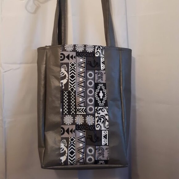 New Southwestern Kokopelli Tote Shopper shoulder Bag Gray Double handle Carryall - Picture 6 of 11